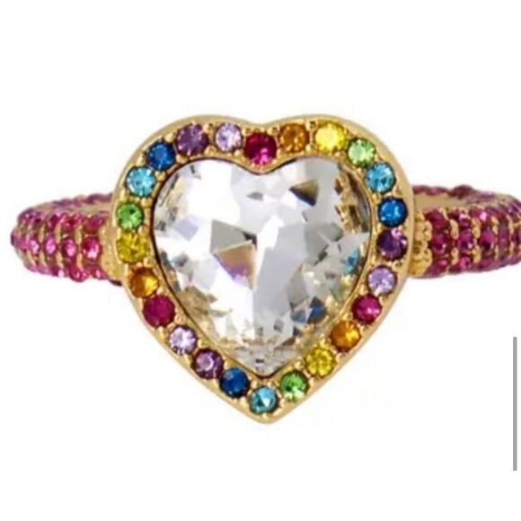 Kurt Geiger Rainbow Crystal Heart Cocktail Ring in Gold Tone - Picture 4 of 7